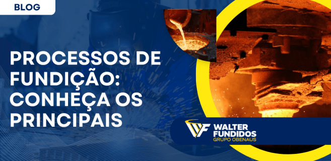 Banner de blog com o título “Processos de fundição: conheça os principais”, com imagens de metal sendo fundido e identidade visual da Walter Fundidos.