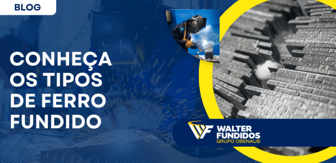 Banner industrial com a frase “Conheça os tipos de ferro fundido”, acompanhado de imagens de soldagem e perfis metálicos utilizados em aplicações da indústria metalúrgica.